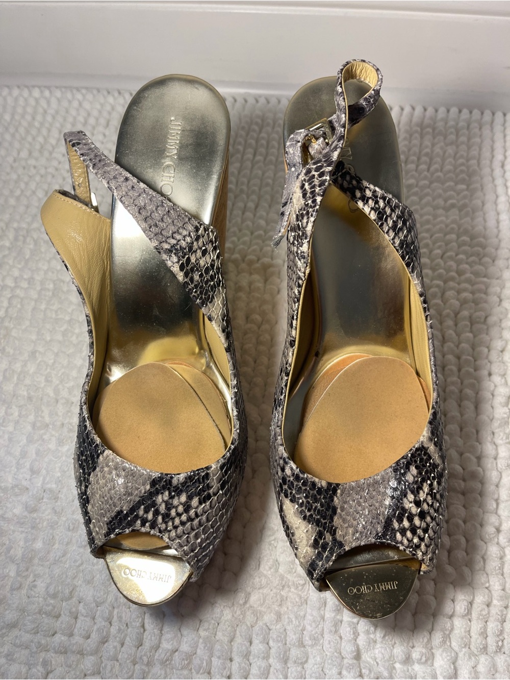 Jimmy Choo Gray Snake-Print Peep-Toe Slingback Heels